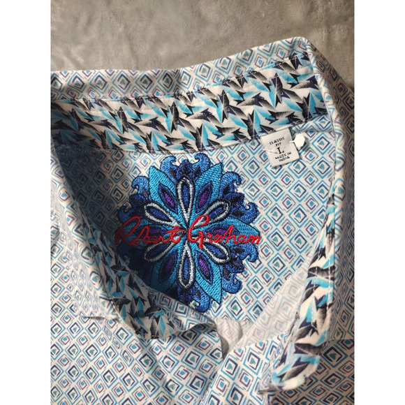 Robert Graham Shirt Men's Sz L Blue White Geometric Flip Cuff Button Long Sleeve - Picture 3 of 10